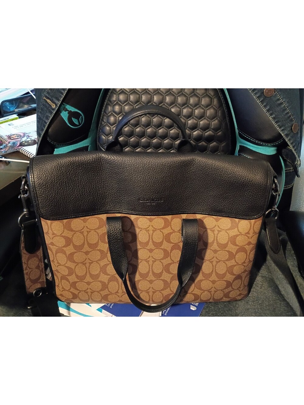 Coach Signature Brown and Black Leather Laptop Briefcase